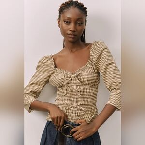 NWT Reformation Lauryn Checkered Quarter Sleeve Bow Top Brown 10